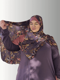 Autumn Blossom a dark purple hijab light flowy stretch chiffon material with autumn floral pattern, soft & sophisticated, elegant instant hijab