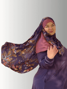 Autumn Blossom a dark purple hijab light flowy stretch chiffon material with autumn floral pattern, soft & sophisticated, elegant instant hijab