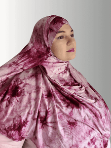 Berry Marble an instant hijab made of soft jersey material deep shades of magenta pink blend with light pink & white adding a marble effect.  