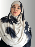 Instant jersey hijab tye dye cream white and dark gray print 