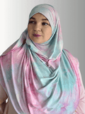 Instant jersey hijab double loop cotton candy pink with blue green tye dye effect muslim woman head cover 