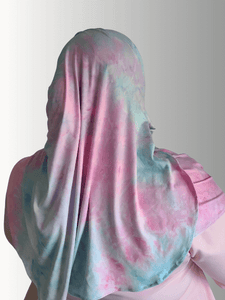 Instant jersey hijab double loop cotton candy pink with blue green tye dye effect muslim woman head cover 