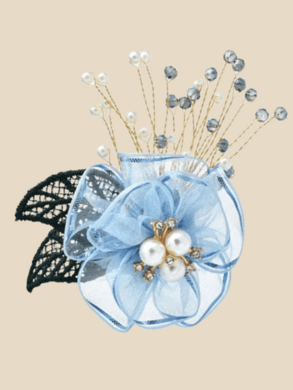 Blue chiffon silk flower brooch with two leaves and pearls accents 