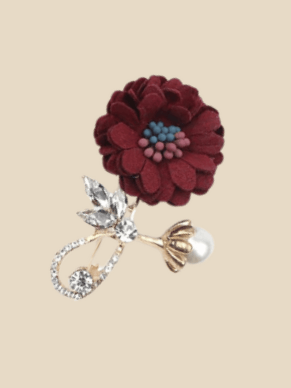 Deep burgundy flower brooch wirh gold accents a s pearls 