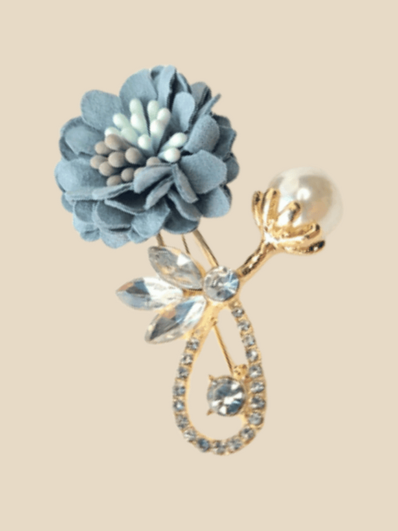 Flower brooch green teal worh gold and pearl accents 