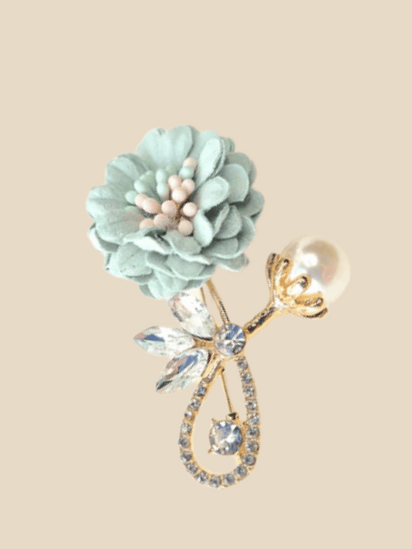 Mint green flower huhab brooch with gold color details and pearl 