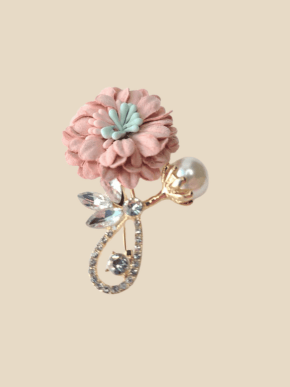 Pastel rose flower brooch with glass stones gold colors and a pearl detail 