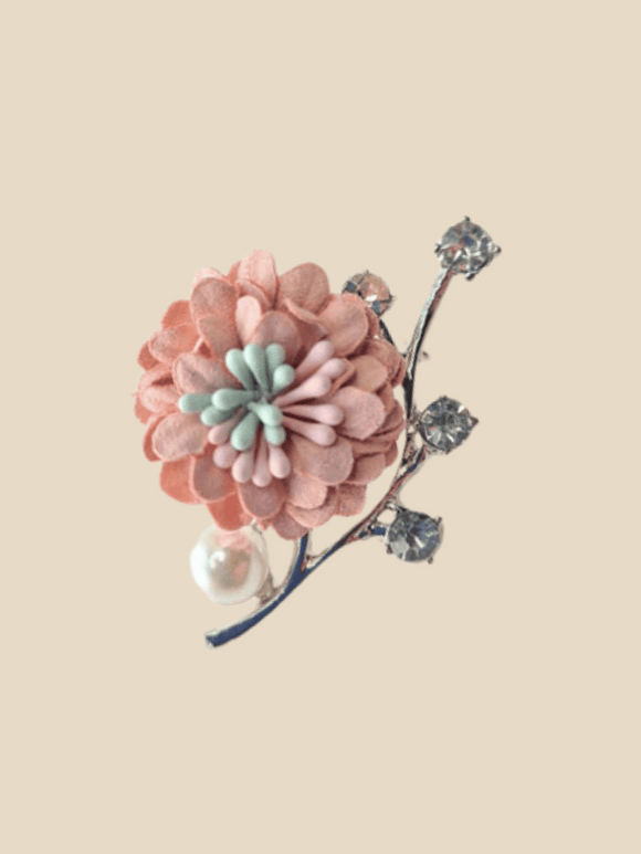 Pastel pink flower rose brooch with silver details and pearl accent 