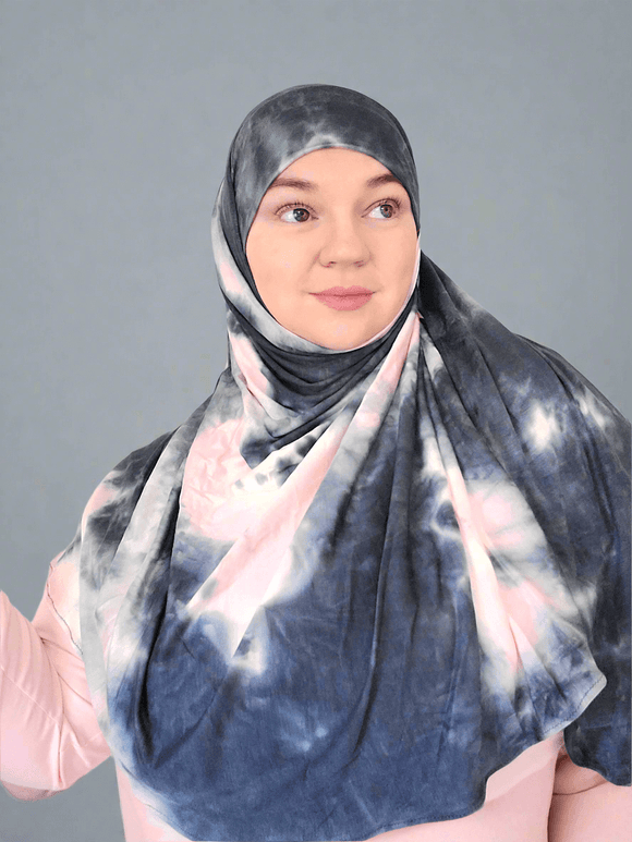 Instant hijab made of soft jersey material, dark gray with pink colors mixed in marble tie dye effect 