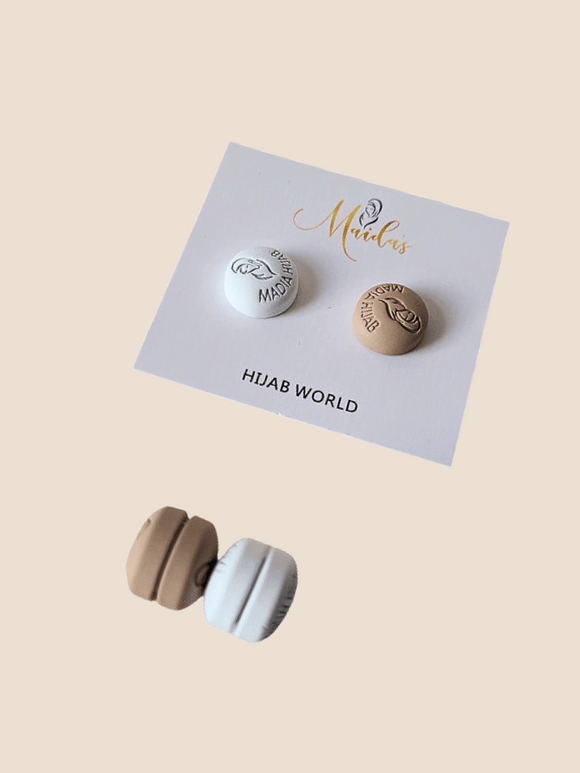 hijab magnets round two sets white and cream beige marked with Maida's Hijab World brand logo 